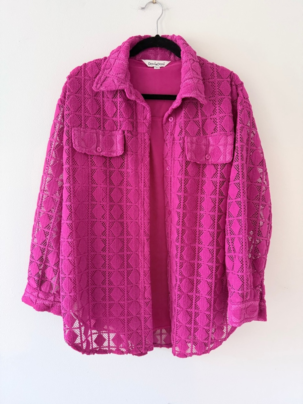 DAVI & DANI Bright Fuchsia Crochet Button-Down Shirt